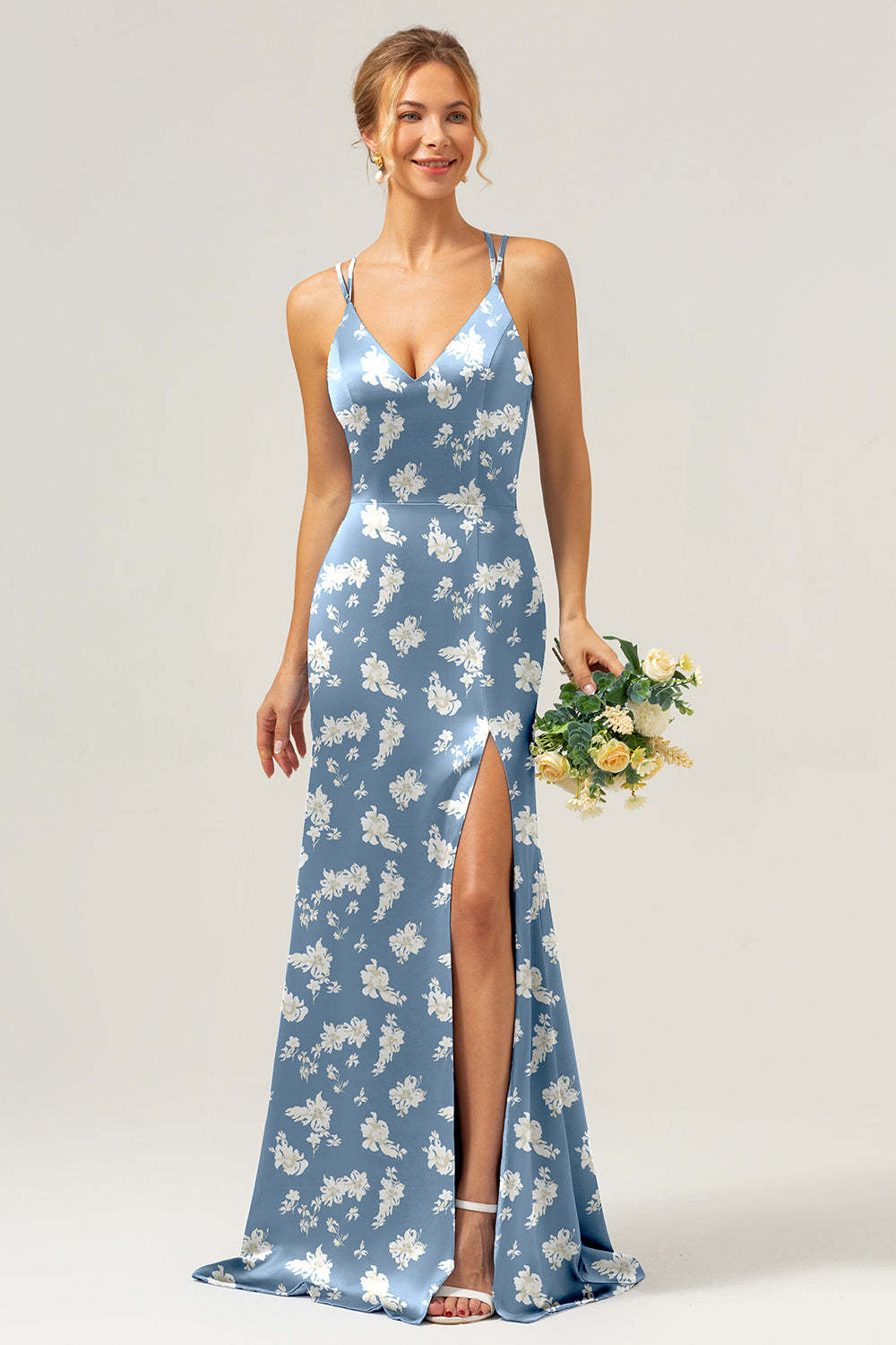 Navy Bloom V-Neck Mermaid Floral Bridesmaid Dress with Slit