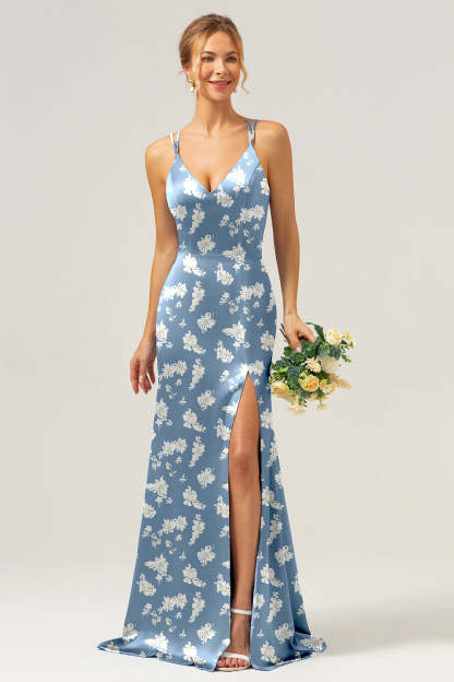 Navy Bloom V-Neck Mermaid Floral Bridesmaid Dress with Slit
