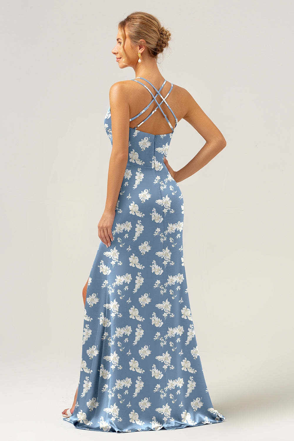 Navy Bloom V-Neck Mermaid Floral Bridesmaid Dress with Slit