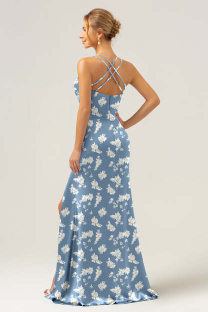 Navy Bloom V-Neck Mermaid Floral Bridesmaid Dress with Slit