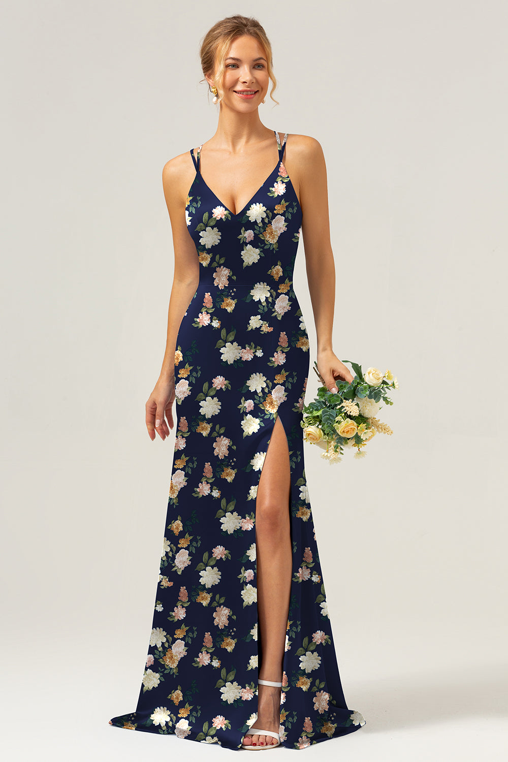 Navy Bloom V-Neck Mermaid Floral Bridesmaid Dress with Slit