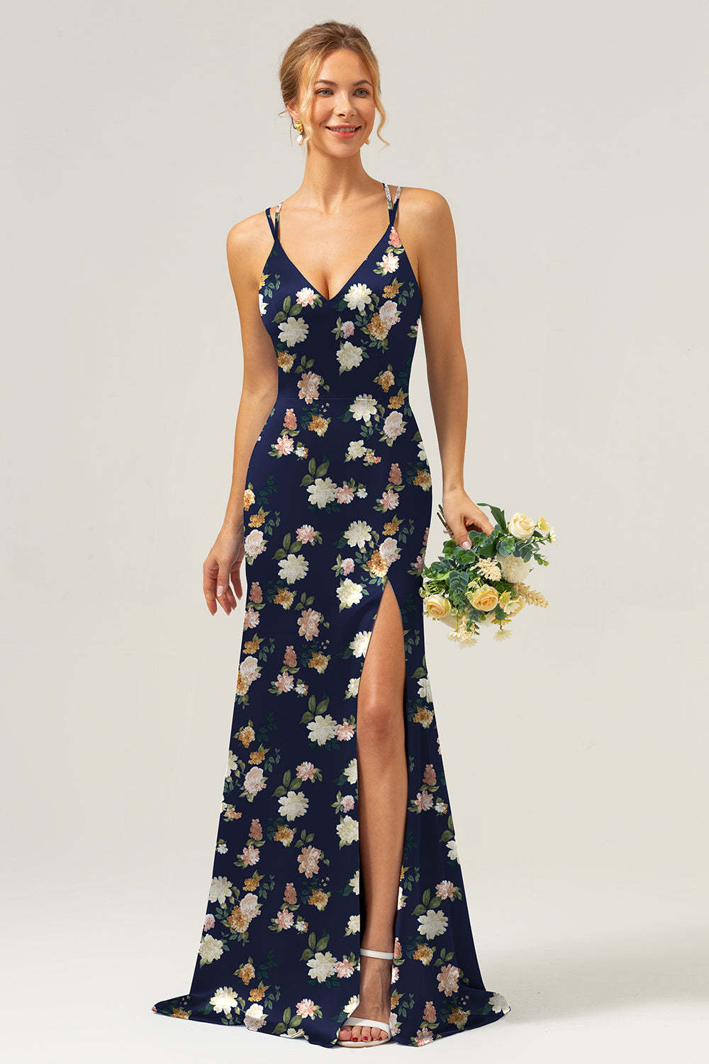Navy Bloom V-Neck Mermaid Floral Bridesmaid Dress with Slit