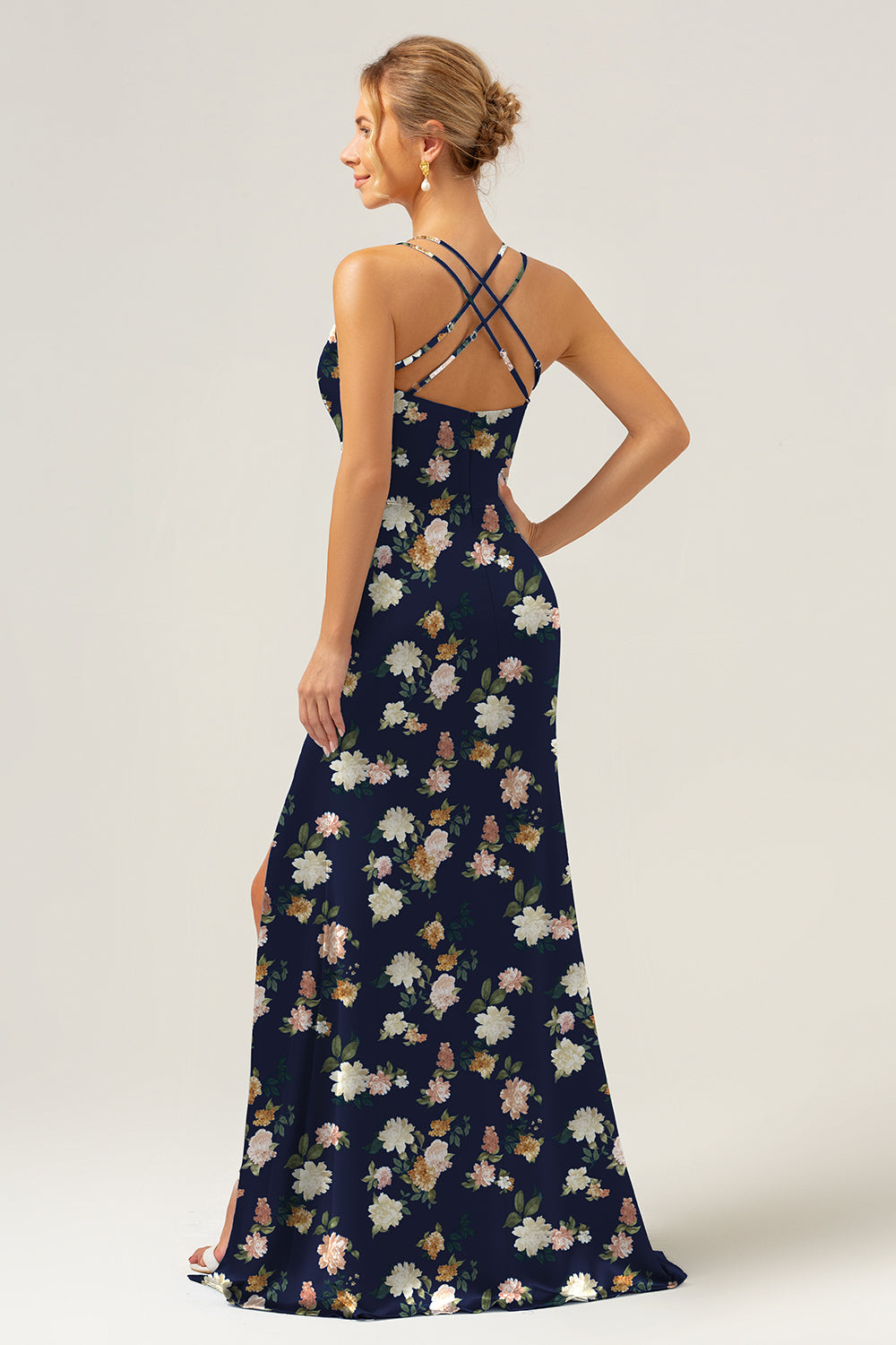 Navy Bloom V-Neck Mermaid Floral Bridesmaid Dress with Slit