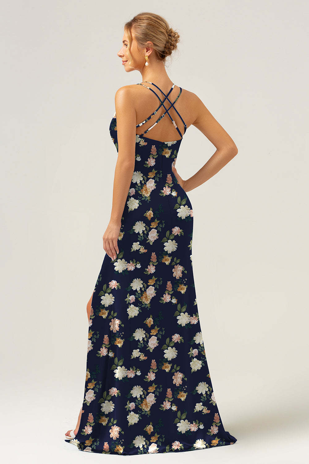 Navy Bloom V-Neck Mermaid Floral Bridesmaid Dress with Slit