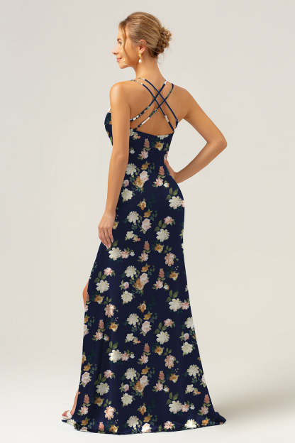 Navy Bloom V-Neck Mermaid Floral Bridesmaid Dress with Slit