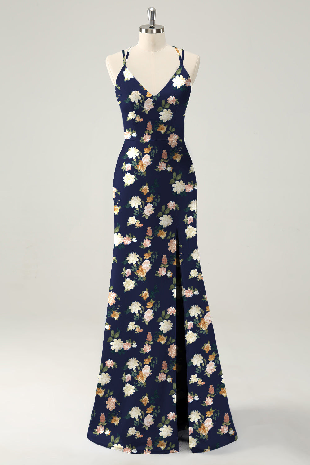 Navy Bloom V-Neck Mermaid Floral Bridesmaid Dress with Slit