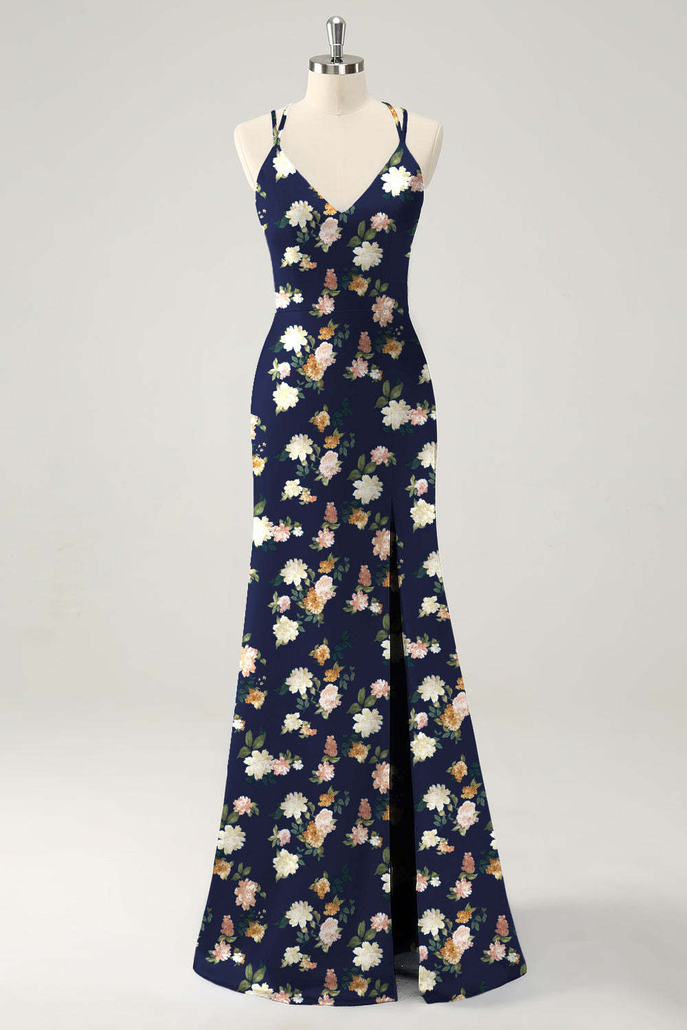 Navy Bloom V-Neck Mermaid Floral Bridesmaid Dress with Slit