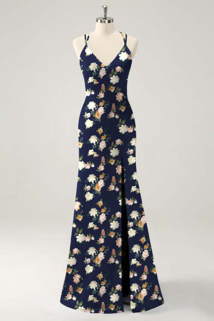 Navy Bloom V-Neck Mermaid Floral Bridesmaid Dress with Slit