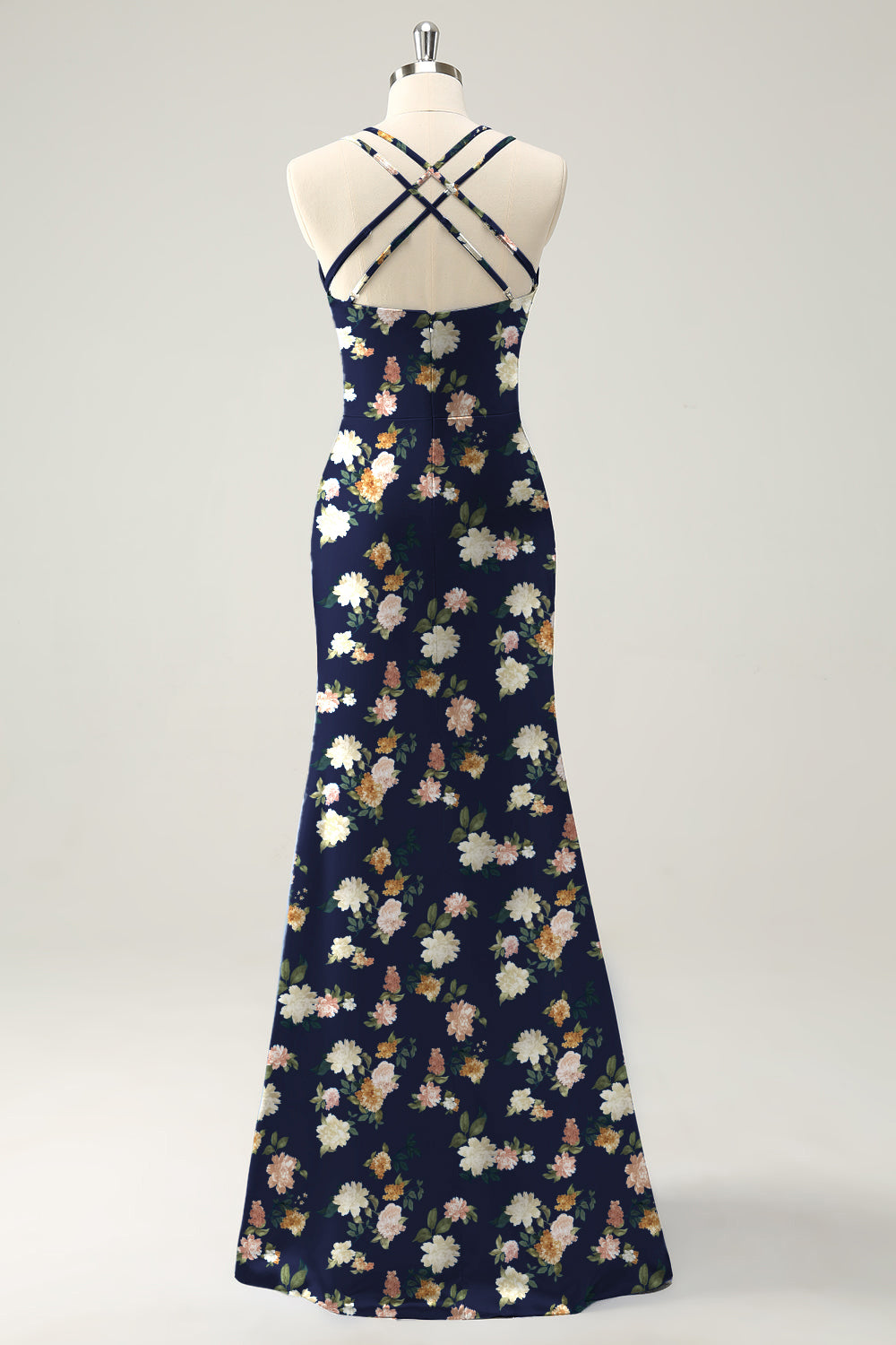 Navy Bloom V-Neck Mermaid Floral Bridesmaid Dress with Slit