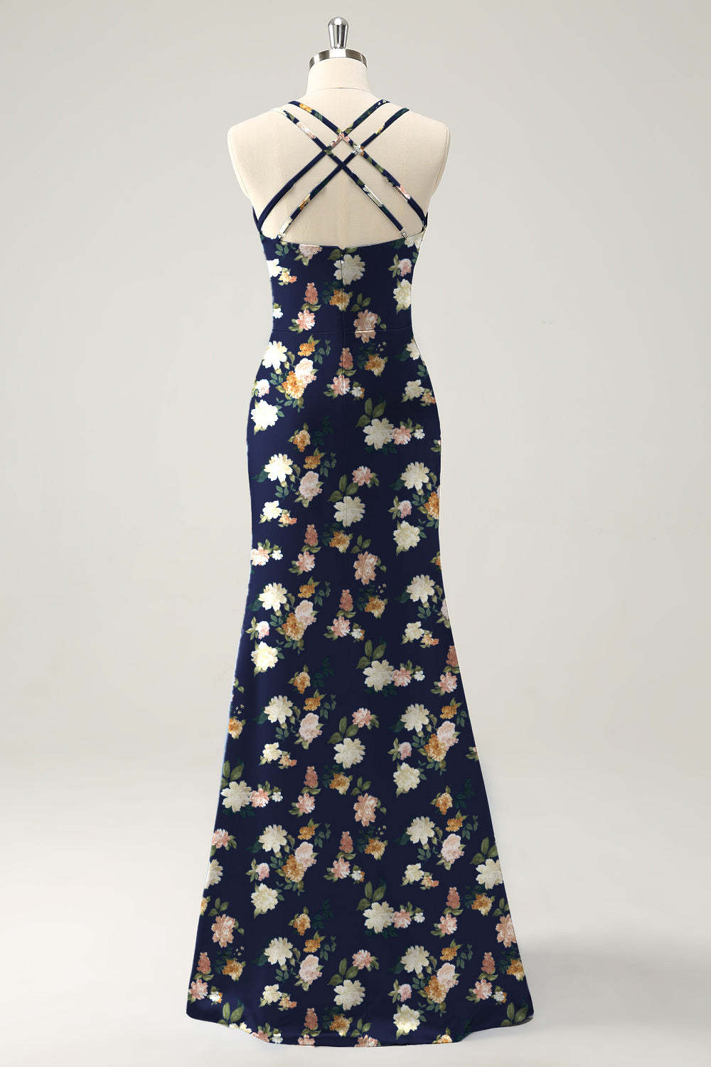 Navy Bloom V-Neck Mermaid Floral Bridesmaid Dress with Slit