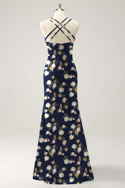 Navy Bloom V-Neck Mermaid Floral Bridesmaid Dress with Slit