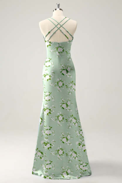 Navy Bloom V-Neck Mermaid Floral Bridesmaid Dress with Slit