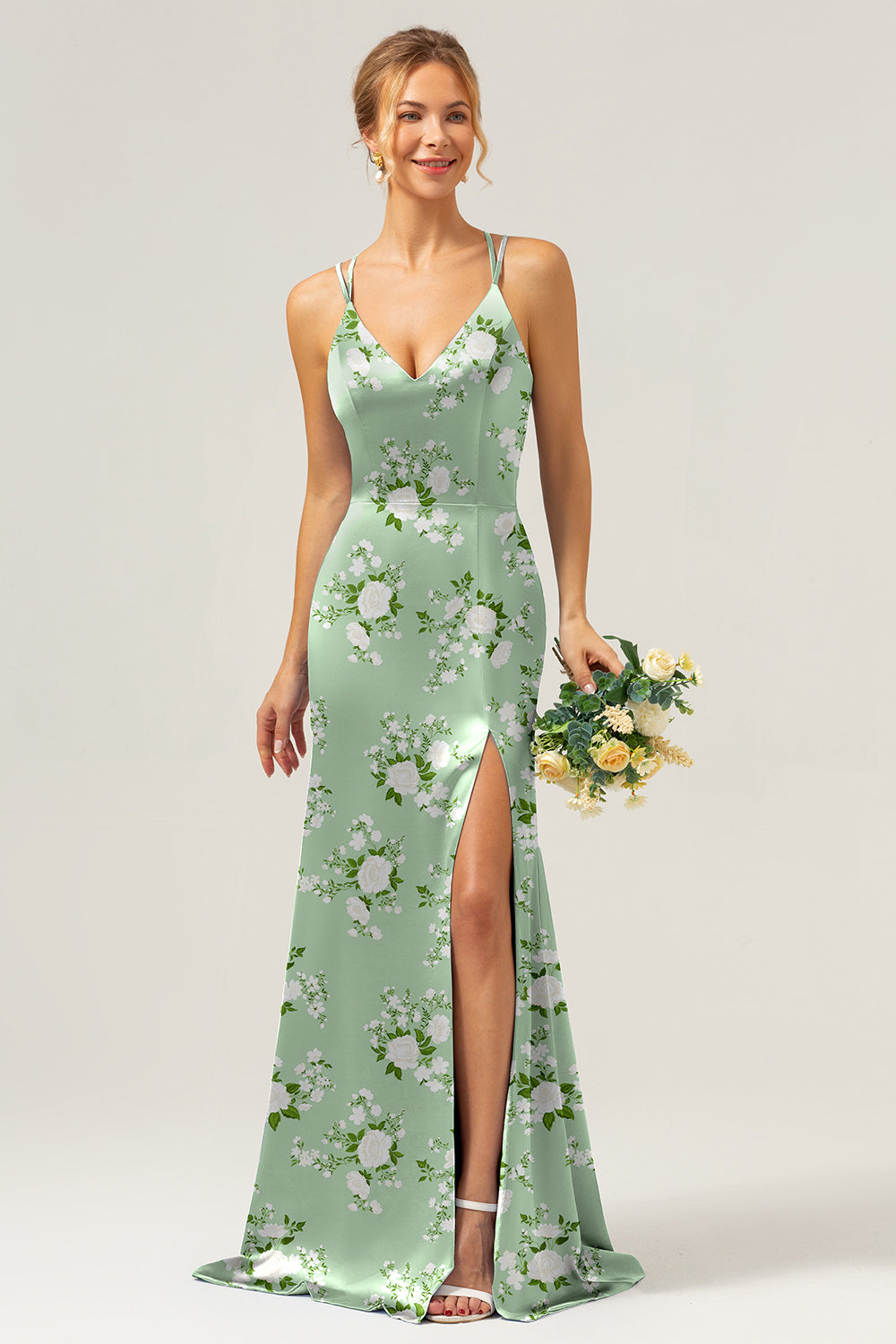 Navy Bloom V-Neck Mermaid Floral Bridesmaid Dress with Slit