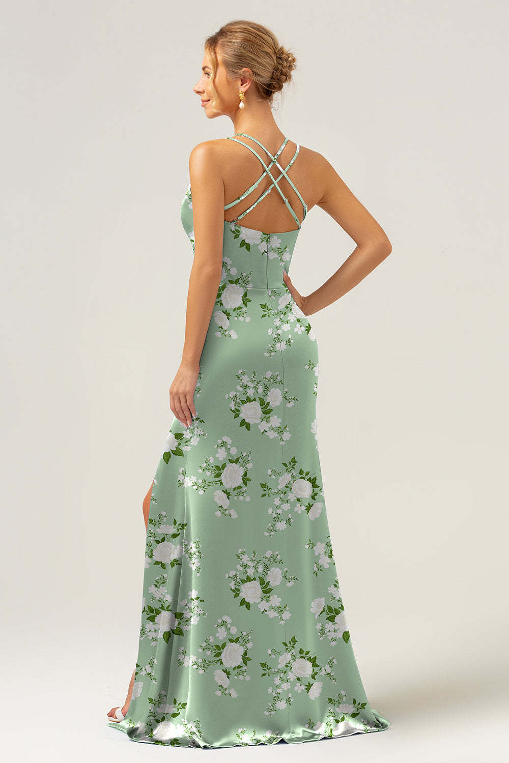 Navy Bloom V-Neck Mermaid Floral Bridesmaid Dress with Slit