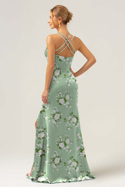 Navy Bloom V-Neck Mermaid Floral Bridesmaid Dress with Slit