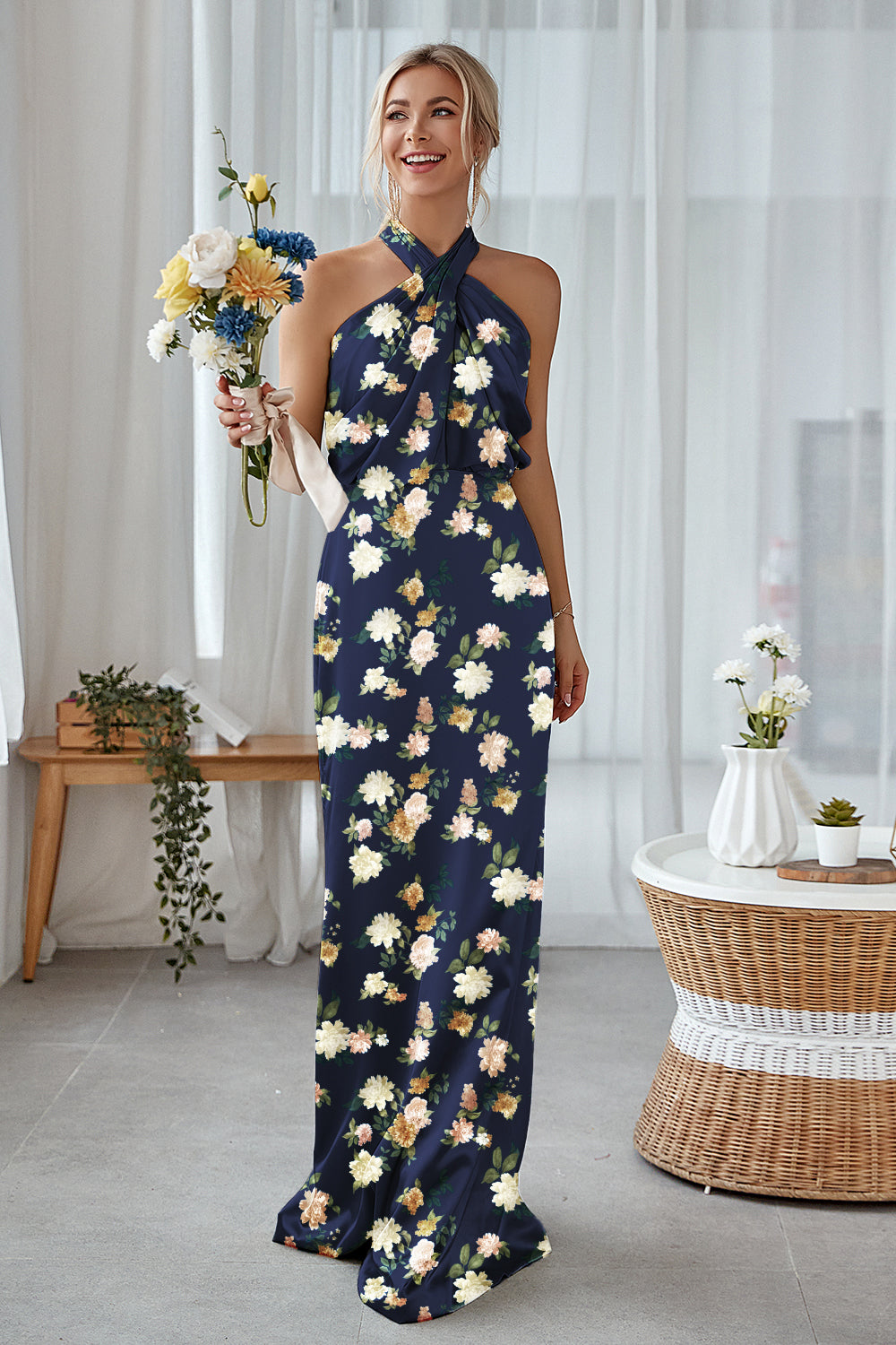 Sage White Flower Halter Sheath Satin Floral Bridesmaid Dress