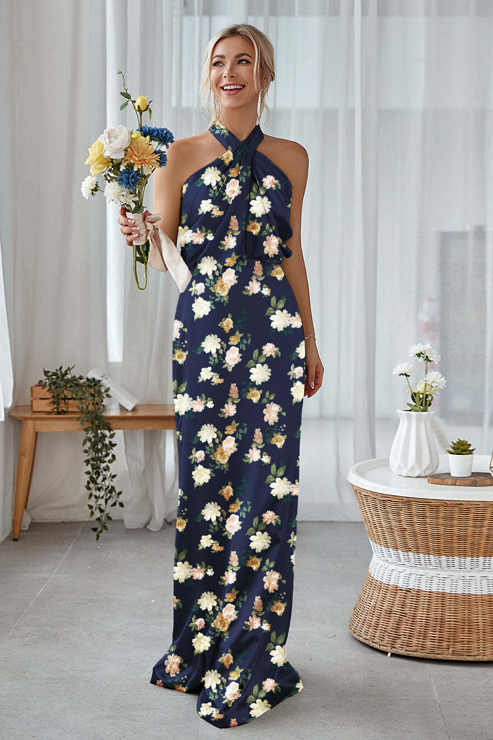 Sage White Flower Halter Sheath Satin Floral Bridesmaid Dress