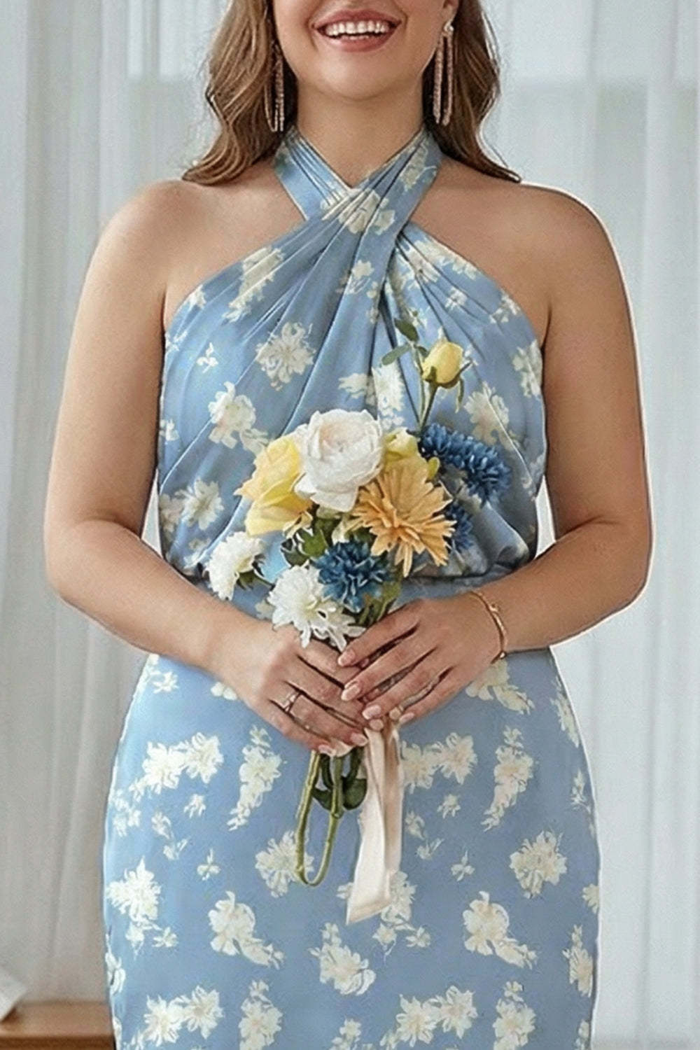Navy Bloom Halter Satin Plus Size Floral Sheath Bridesmaid Dress with Open Back