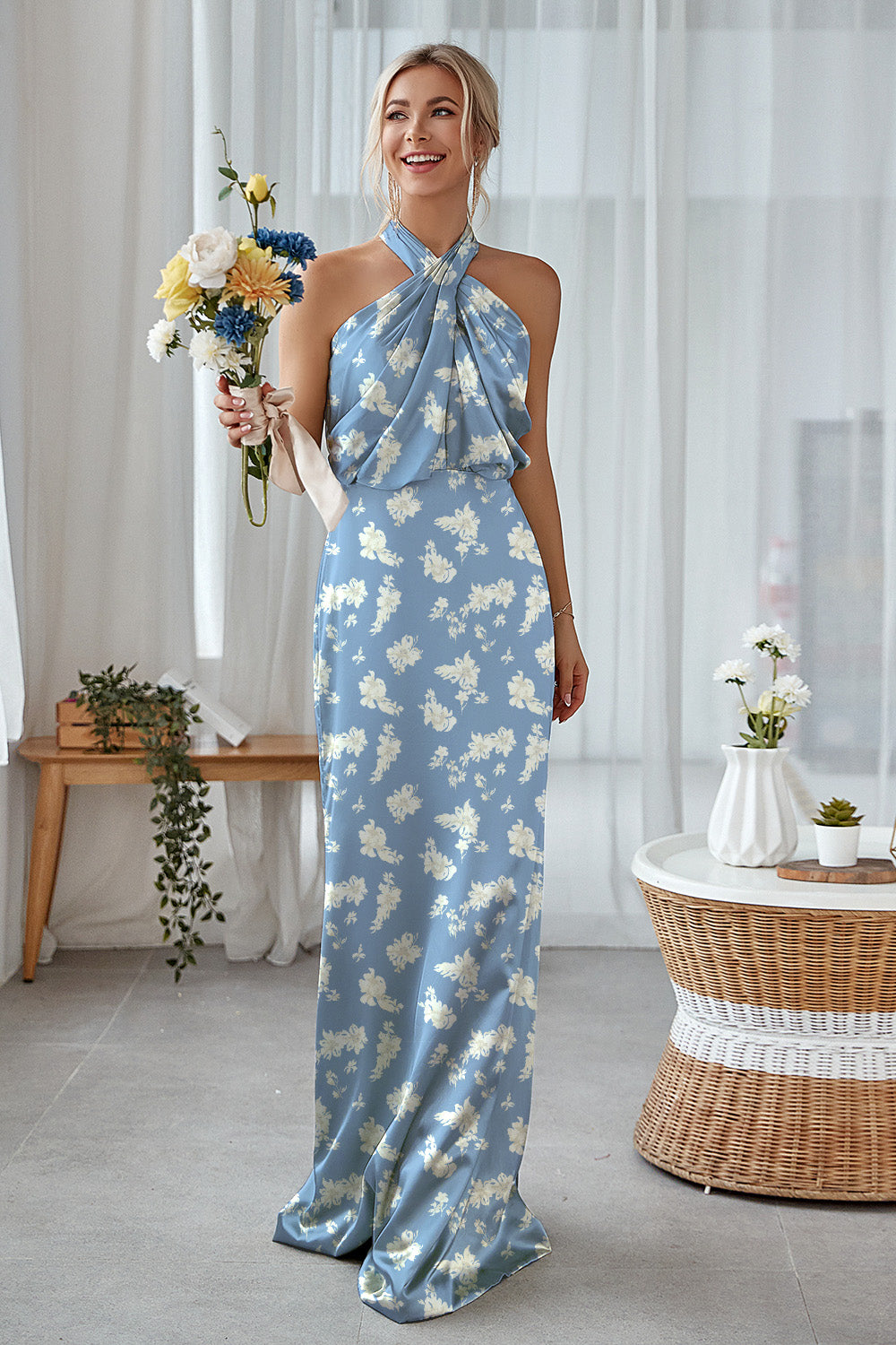 Sage White Flower Halter Sheath Satin Floral Bridesmaid Dress