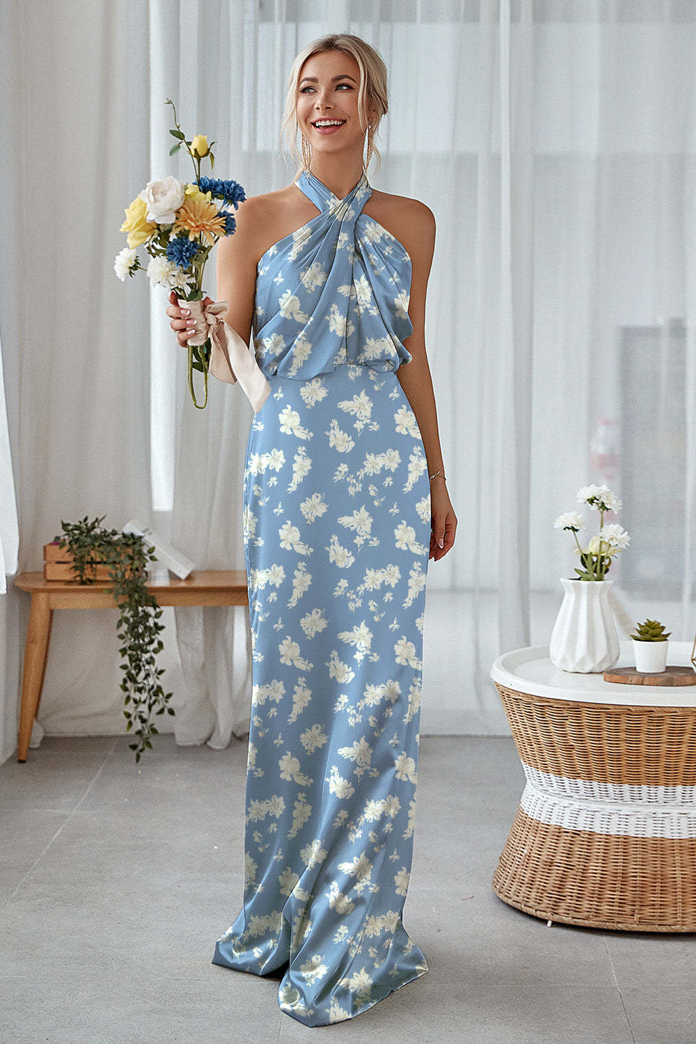 Sage White Flower Halter Sheath Satin Floral Bridesmaid Dress
