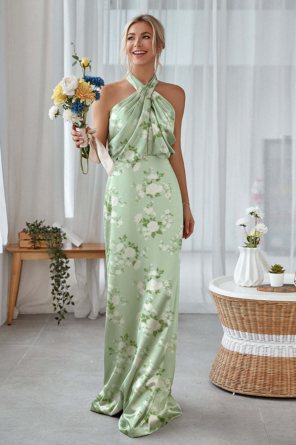 Leely Women Sage White Flower Halter Sheath Bridesmaid Dress Satin Floral Long Wedding Guest Dress with Open Back