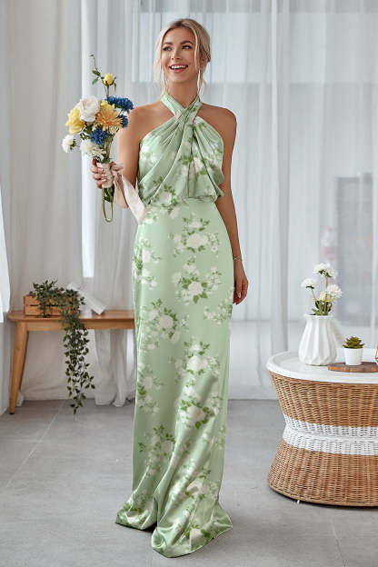 Leely Women Sage White Flower Halter Sheath Bridesmaid Dress Satin Floral Long Wedding Guest Dress with Open Back