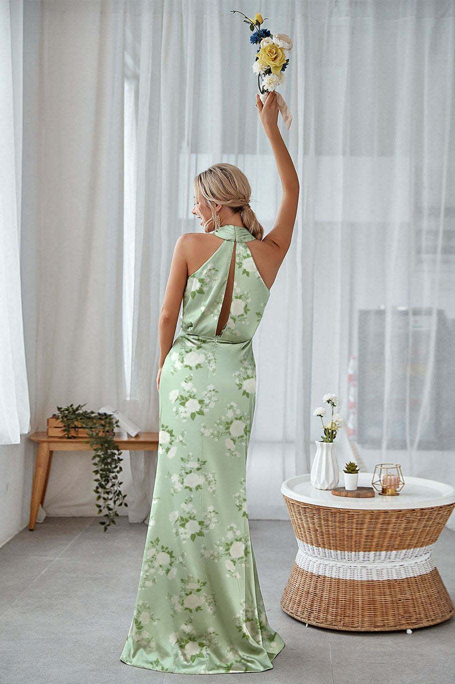 Sage White Flower Halter Sheath Satin Floral Bridesmaid Dress