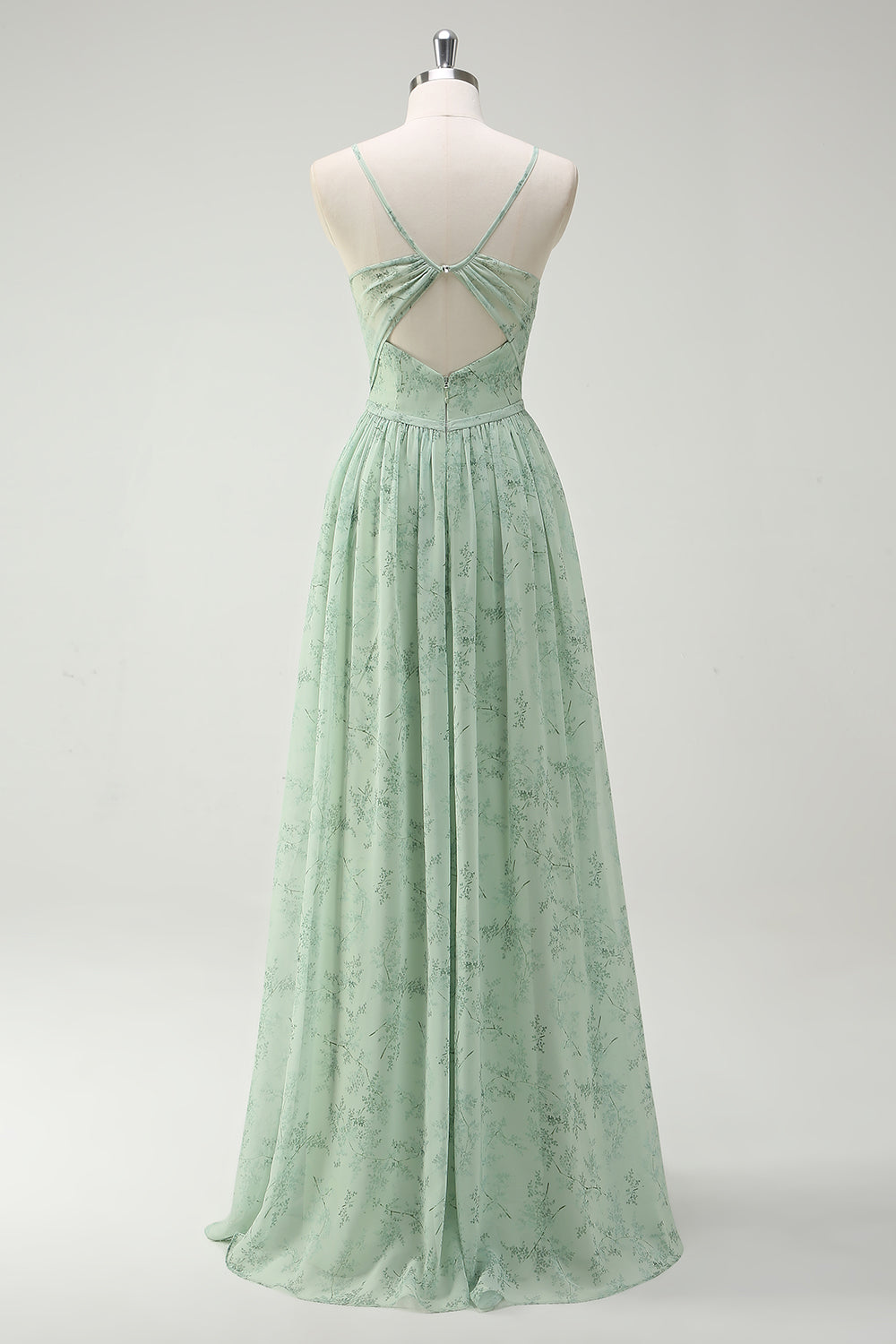 Dusty Sage A Line Spaghetti Straps Floral Bridesmaid Dress with Slit