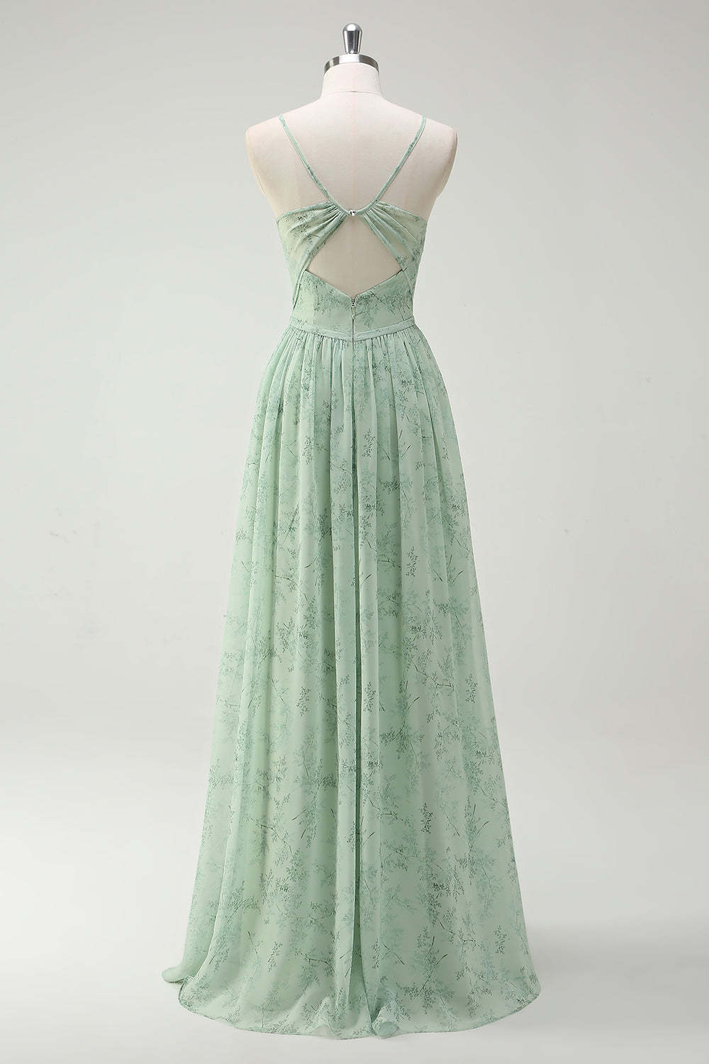 Dusty Sage A Line Spaghetti Straps Floral Bridesmaid Dress with Slit