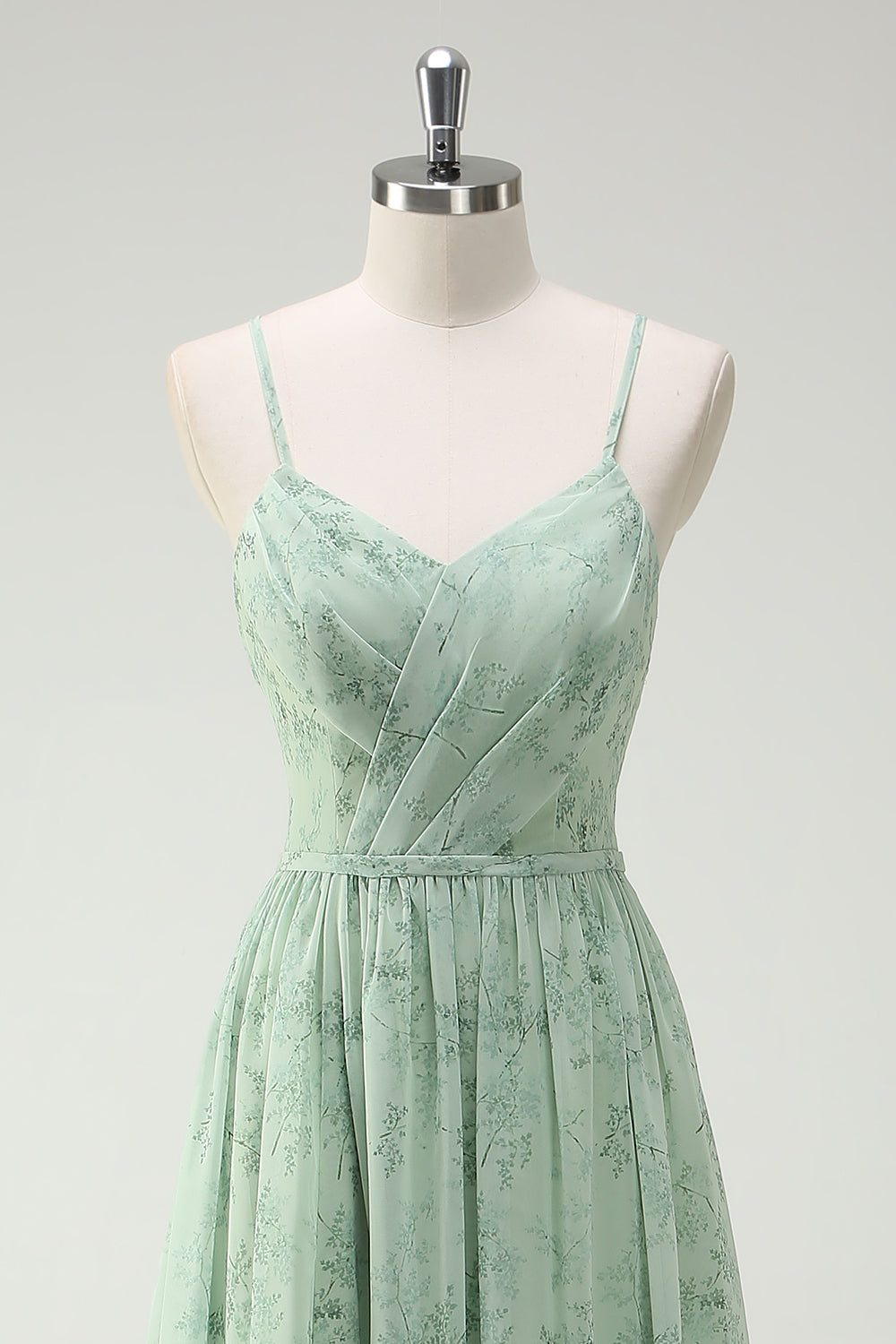 Dusty Sage A Line Spaghetti Straps Floral Bridesmaid Dress with Slit