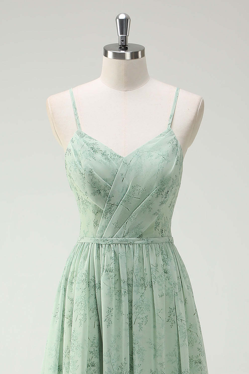 Dusty Sage A Line Spaghetti Straps Floral Bridesmaid Dress with Slit