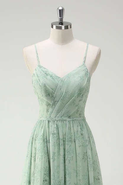 Dusty Sage A Line Spaghetti Straps Floral Bridesmaid Dress with Slit