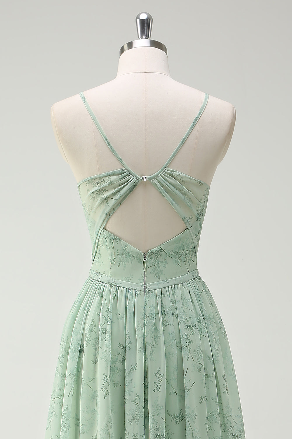 Dusty Sage A Line Spaghetti Straps Floral Bridesmaid Dress with Slit