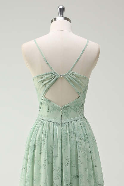 Dusty Sage A Line Spaghetti Straps Floral Bridesmaid Dress with Slit