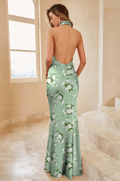Sage White Flower Halter Mermaid Backless Satin Bridesmaid Dress