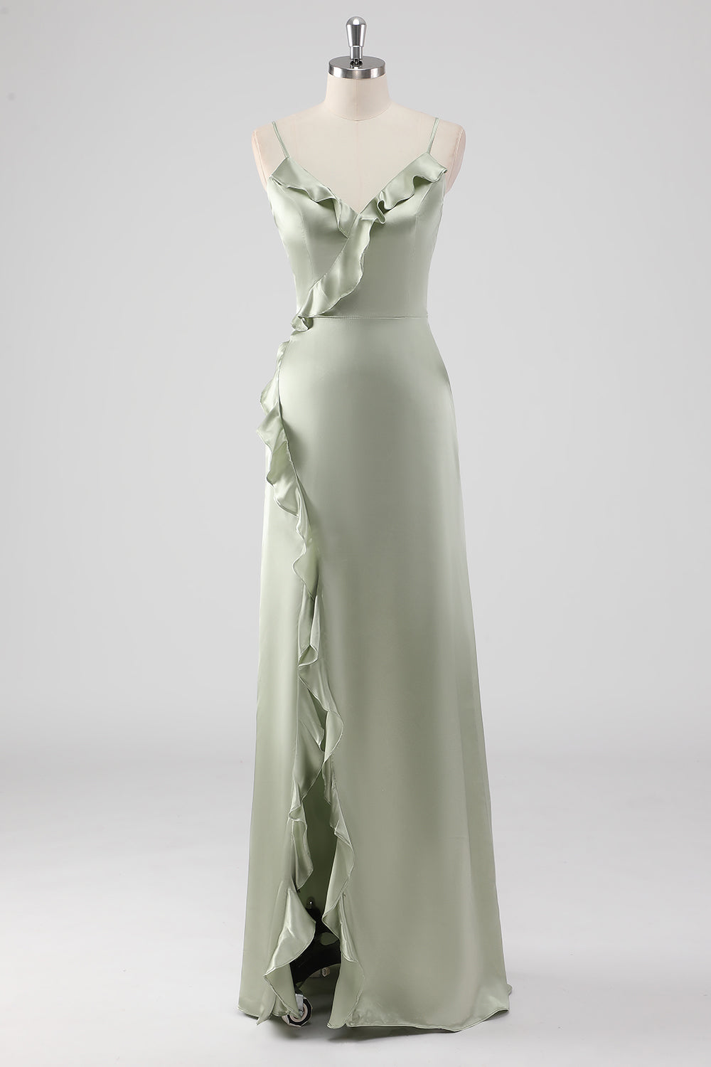 Leely Women Sage Ruffled Sheath Satin Bridesmaid Dress with Slit Spaghetti Straps Long Wedding Guest Dress