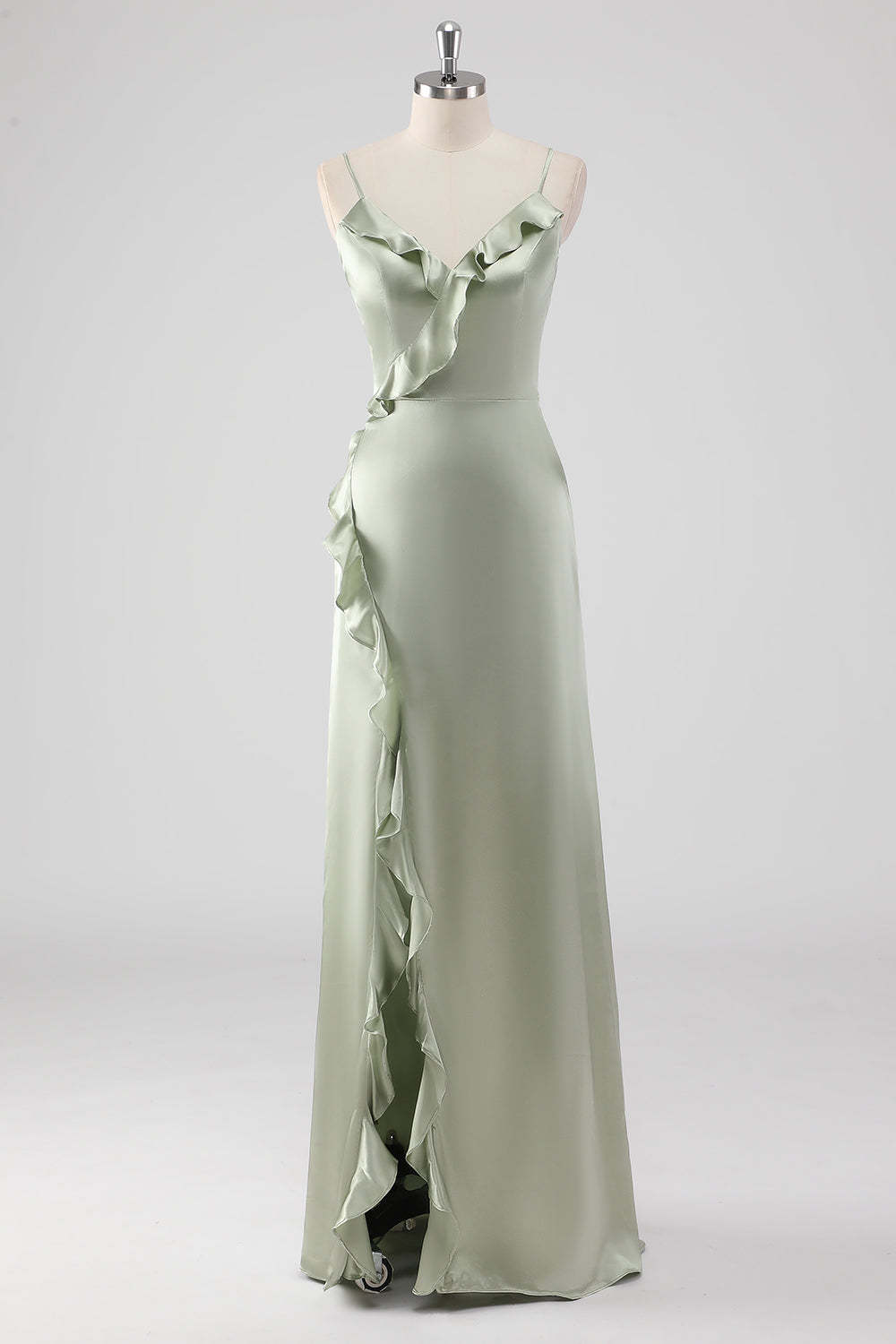 Leely Women Sage Ruffled Sheath Satin Bridesmaid Dress with Slit Spaghetti Straps Long Wedding Guest Dress