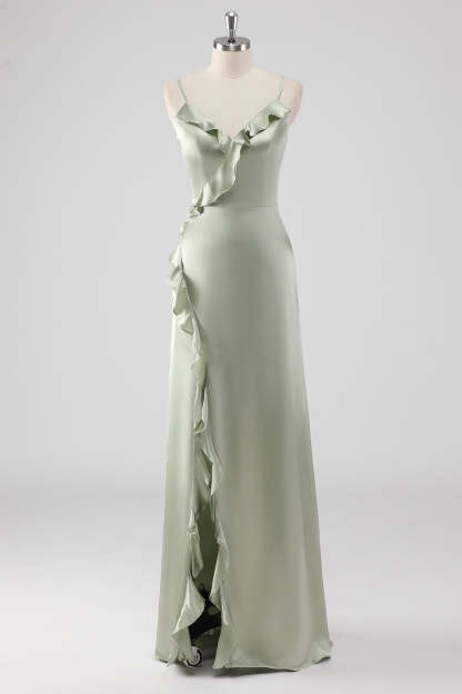 Leely Women Sage Ruffled Sheath Satin Bridesmaid Dress with Slit Spaghetti Straps Long Wedding Guest Dress