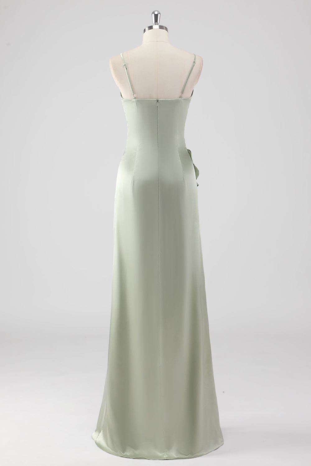 Sage Spaghetti Straps Ruffled Sheath Satin Bridesmaid Dress with Slit
