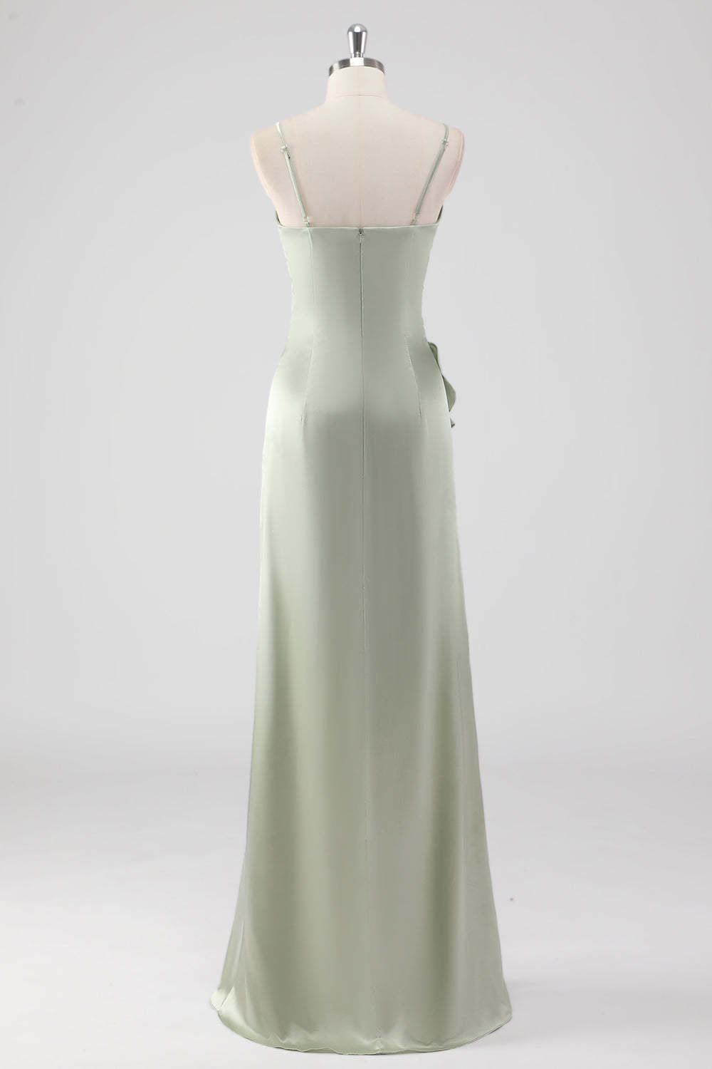 Sage Spaghetti Straps Ruffled Sheath Satin Bridesmaid Dress with Slit