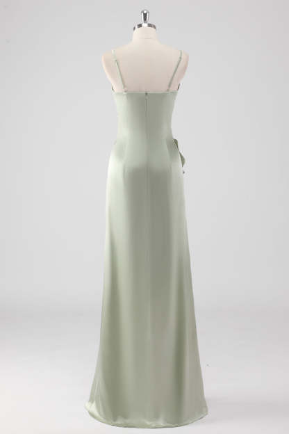 Sage Spaghetti Straps Ruffled Sheath Satin Bridesmaid Dress with Slit