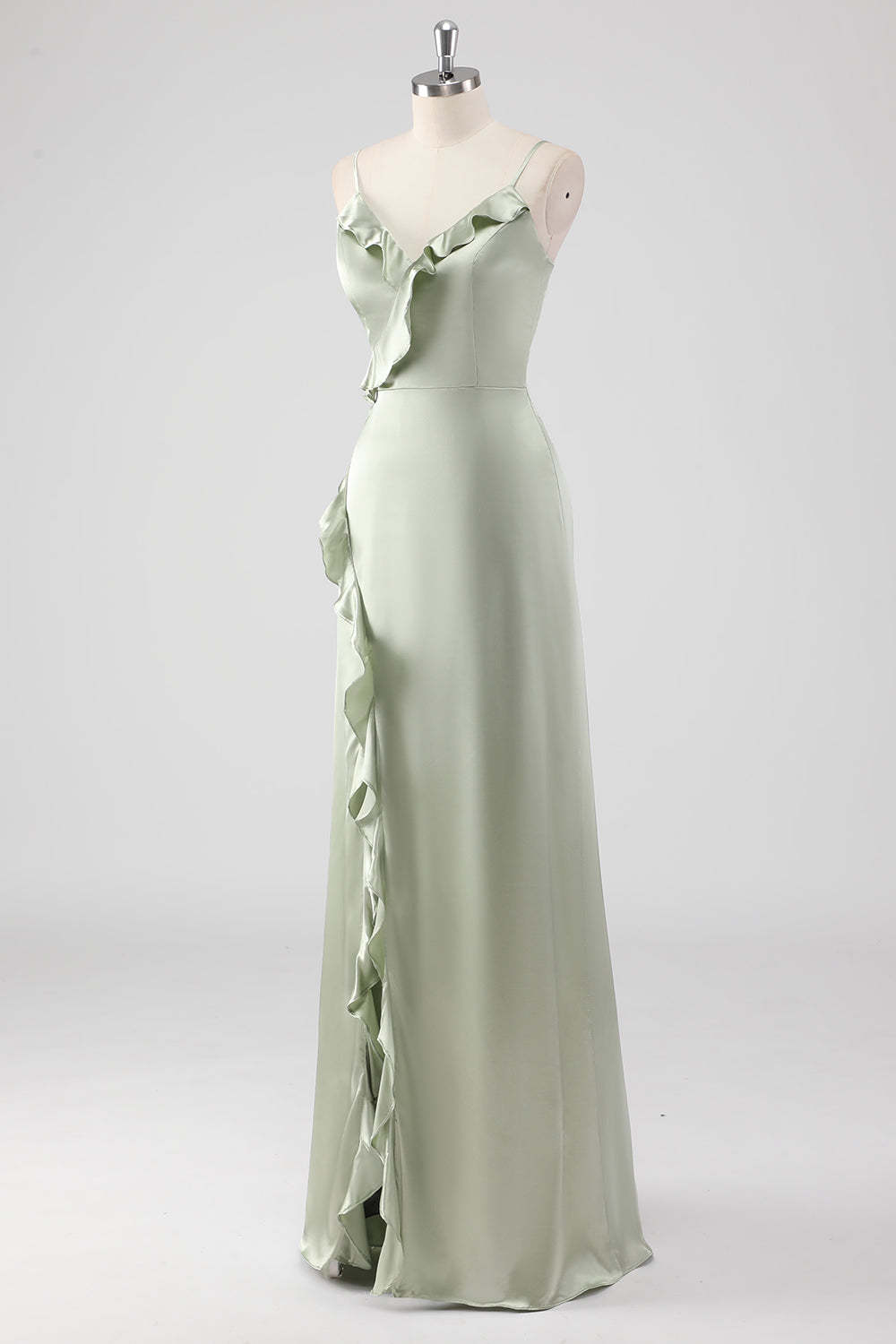 Sage Spaghetti Straps Ruffled Sheath Satin Bridesmaid Dress with Slit