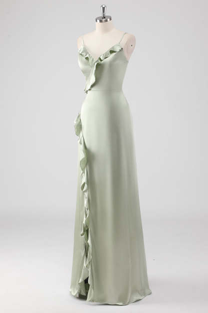 Sage Spaghetti Straps Ruffled Sheath Satin Bridesmaid Dress with Slit