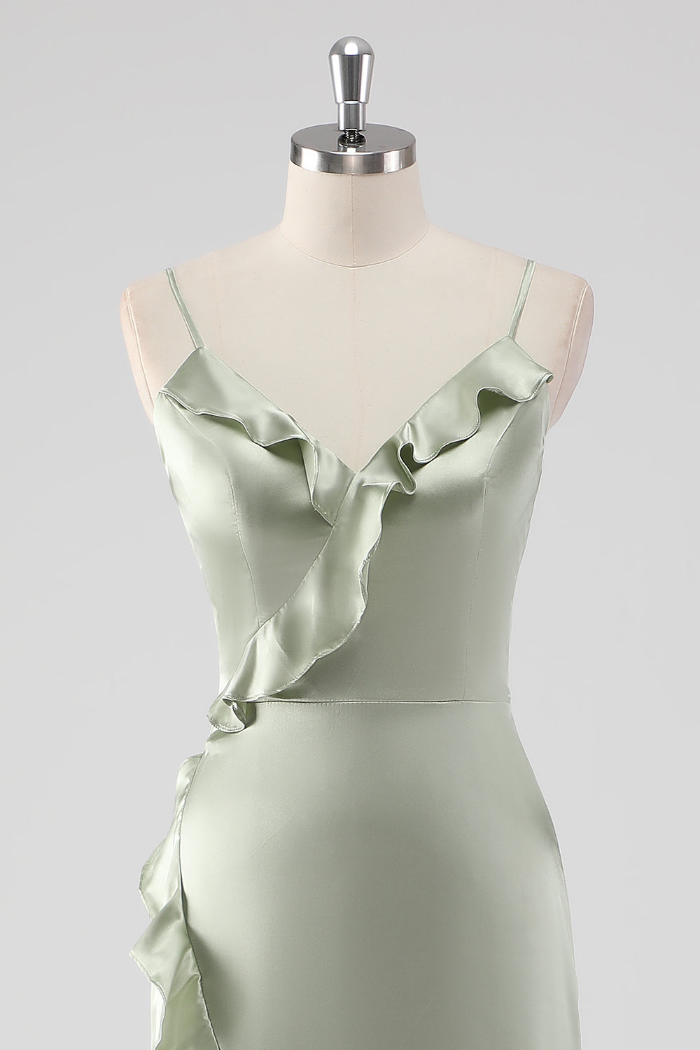 Sage Spaghetti Straps Ruffled Sheath Satin Bridesmaid Dress with Slit