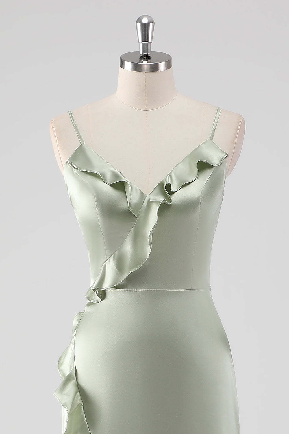 Sage Spaghetti Straps Ruffled Sheath Satin Bridesmaid Dress with Slit