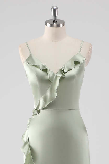 Sage Spaghetti Straps Ruffled Sheath Satin Bridesmaid Dress with Slit