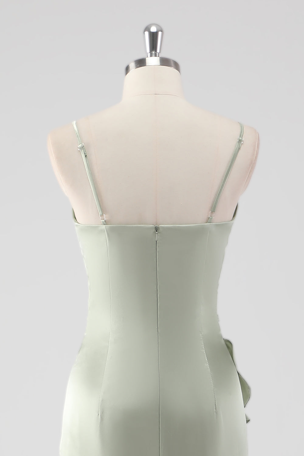 Sage Spaghetti Straps Ruffled Sheath Satin Bridesmaid Dress with Slit