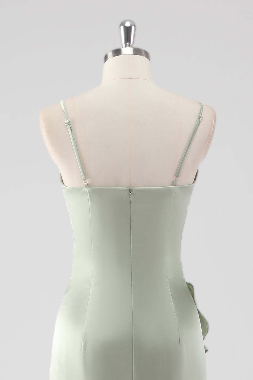 Sage Spaghetti Straps Ruffled Sheath Satin Bridesmaid Dress with Slit