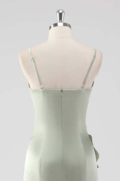 Sage Spaghetti Straps Ruffled Sheath Satin Bridesmaid Dress with Slit