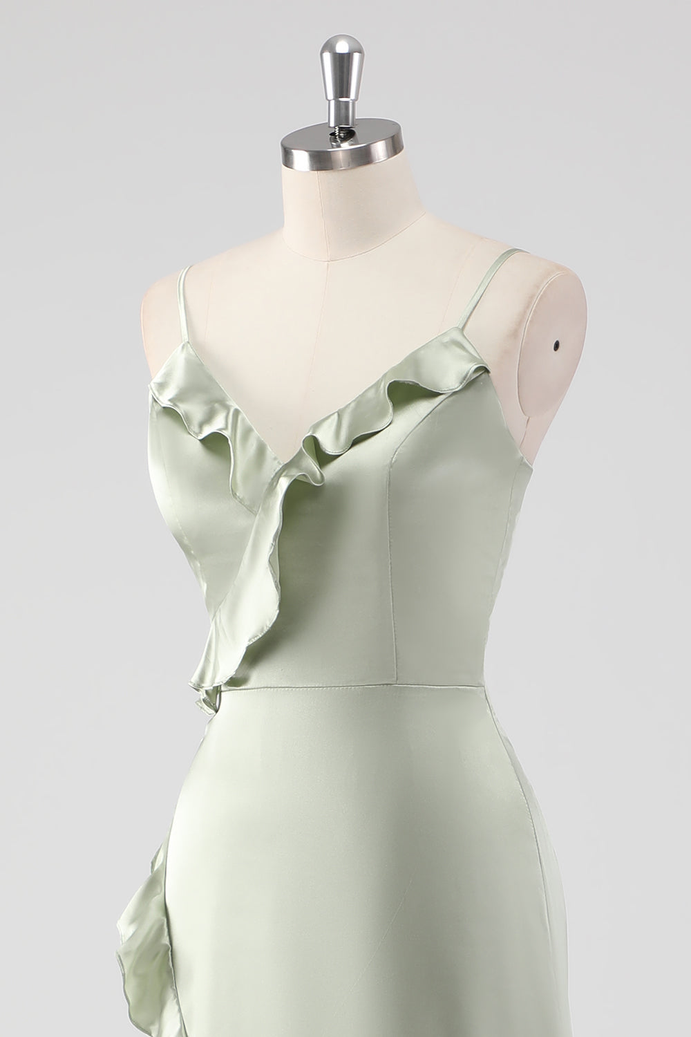 Sage Spaghetti Straps Ruffled Sheath Satin Bridesmaid Dress with Slit